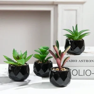 4PCS artificial mini succulent plant simulation succulent plant small cute fake succulent plant white plastic flower pot green succulent plant decoration bedroom office desk rack bathroom Black