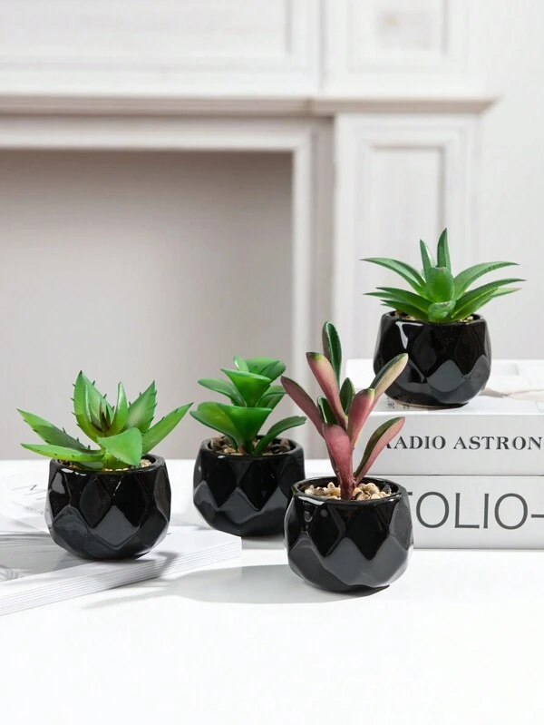 4PCS artificial mini succulent plant simulation succulent plant small cute fake succulent plant white plastic flower pot green succulent plant decoration bedroom office desk rack bathroom Black