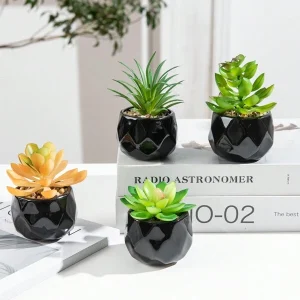 4PCS artificial mini succulent plant simulation succulent plant small cute fake succulent plant white plastic flower pot green succulent plant decoration bedroom office desk rack bathroom Black
