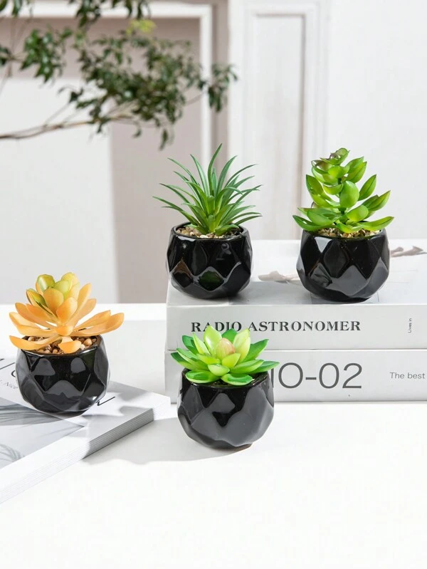 4PCS artificial mini succulent plant simulation succulent plant small cute fake succulent plant white plastic flower pot green succulent plant decoration bedroom office desk rack bathroom Black