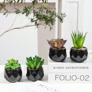 4PCS artificial mini succulent plant simulation succulent plant small cute fake succulent plant white plastic flower pot green succulent plant decoration bedroom office desk rack bathroom Black