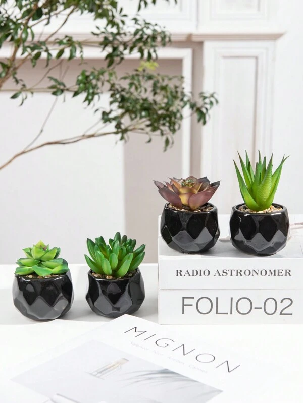 4PCS artificial mini succulent plant simulation succulent plant small cute fake succulent plant white plastic flower pot green succulent plant decoration bedroom office desk rack bathroom Black