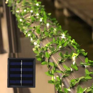 1pc Solar Powered Fairy Light String, LED Simulated Small Green Leaf Rattan Lights, Outdoor Courtyard Garden Balcony Wedding Birthday Spring Party Decor, Copper Wire Lights For Halloween, Christmas, Thanksgiving Green