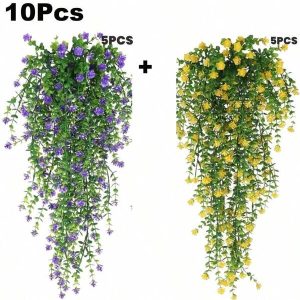 10Pcs Artificial Hanging Flowers, Hanging Plants Flower Bouquet Hanging Vine Plants Drooping Plants For Wall Home Garden Yard Patio Wedding Indoor Outdoor DecorationBedroom, Kitchen, Livingroom, Balcony, Office And Party Decoration Purple and Yellow
