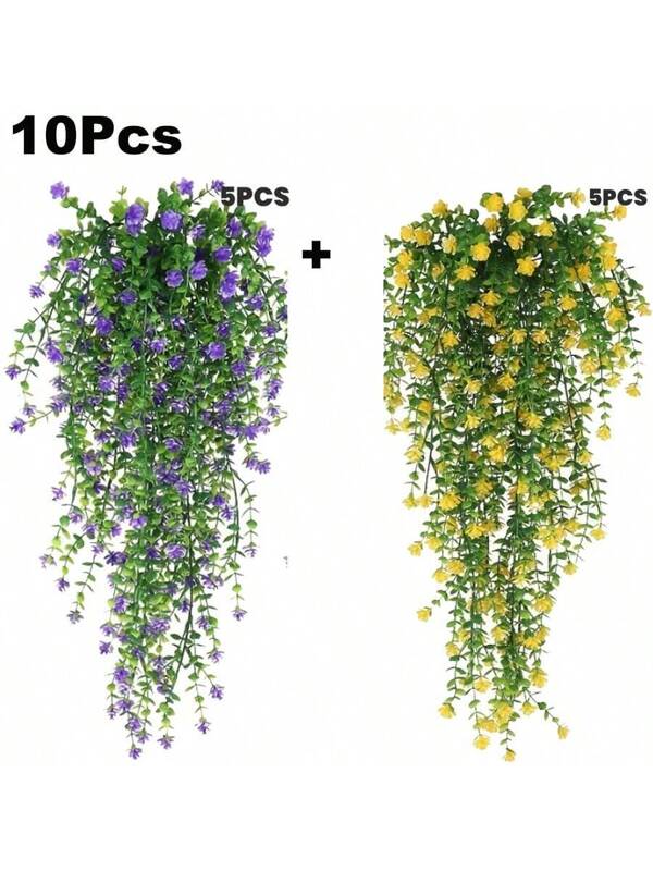 10Pcs Artificial Hanging Flowers, Hanging Plants Flower Bouquet Hanging Vine Plants Drooping Plants For Wall Home Garden Yard Patio Wedding Indoor Outdoor DecorationBedroom, Kitchen, Livingroom, Balcony, Office And Party Decoration Purple and Yellow