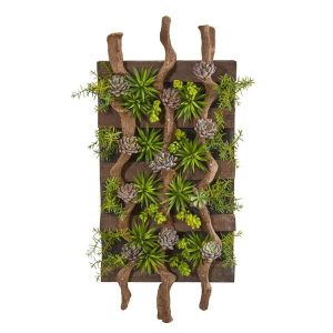 Lifelike Mixed Succulent Artificial Living Wall - Decorative Faux Succulent Panel For Upscale Home Interiors Green and Brown