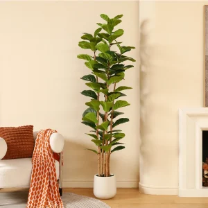 6FT Artificial Fiddle Leaf Fig Tree With White Planter, Tall Fake Tree With Natural Wood Trunk For Home Decor, Faux Ficus Tree Fake Moss For Indoor Office Living Room Green