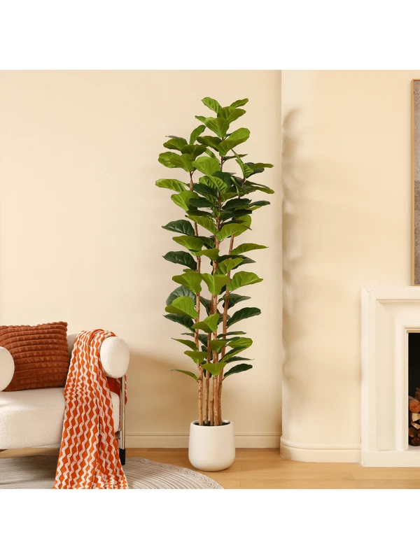 6FT Artificial Fiddle Leaf Fig Tree With White Planter, Tall Fake Tree With Natural Wood Trunk For Home Decor, Faux Ficus Tree Fake Moss For Indoor Office Living Room Green