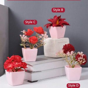 1set Of 4PCS Mini Simulation Potted Plants - Modern Home Plastic Decoration Ornaments. Suitable For Valentine's Day, Confession Party Or Desktop Decoration. Red