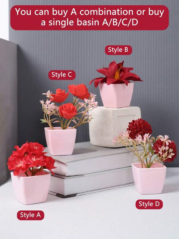 1set Of 4PCS Mini Simulation Potted Plants - Modern Home Plastic Decoration Ornaments. Suitable For Valentine's Day, Confession Party Or Desktop Decoration. Red